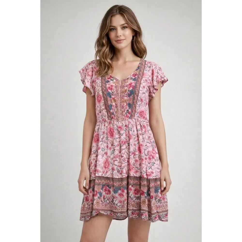 Hayden LA Pink Floral Boho Mini Dress Rayon Short Sleeve Womens M